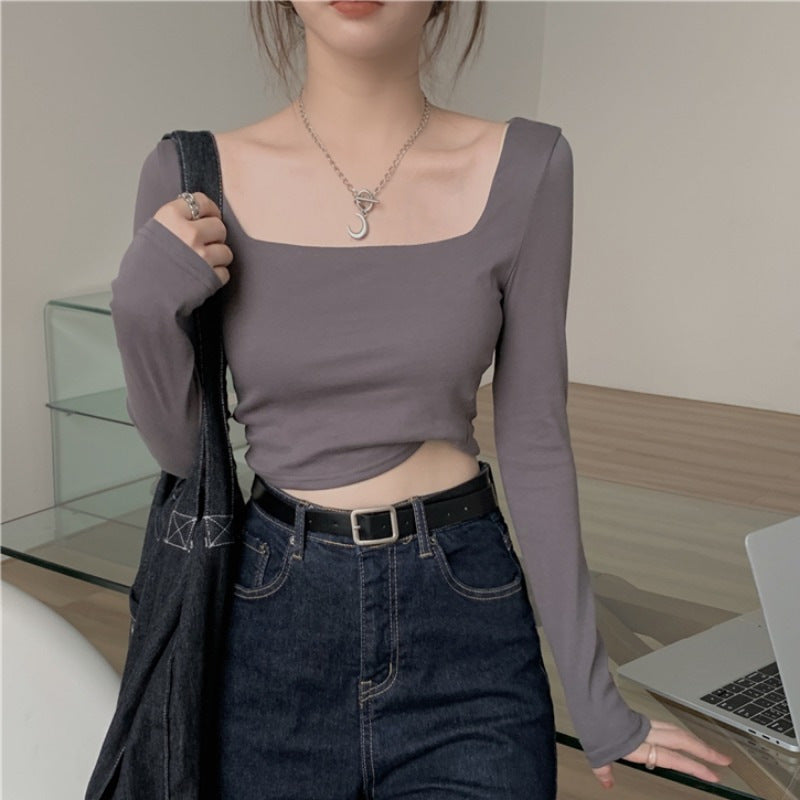 Slim fit square collar long-sleeved shirt