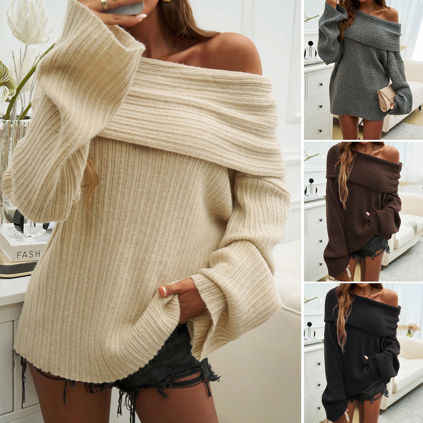 Loose pullover long sleeve shoulder cut sweater