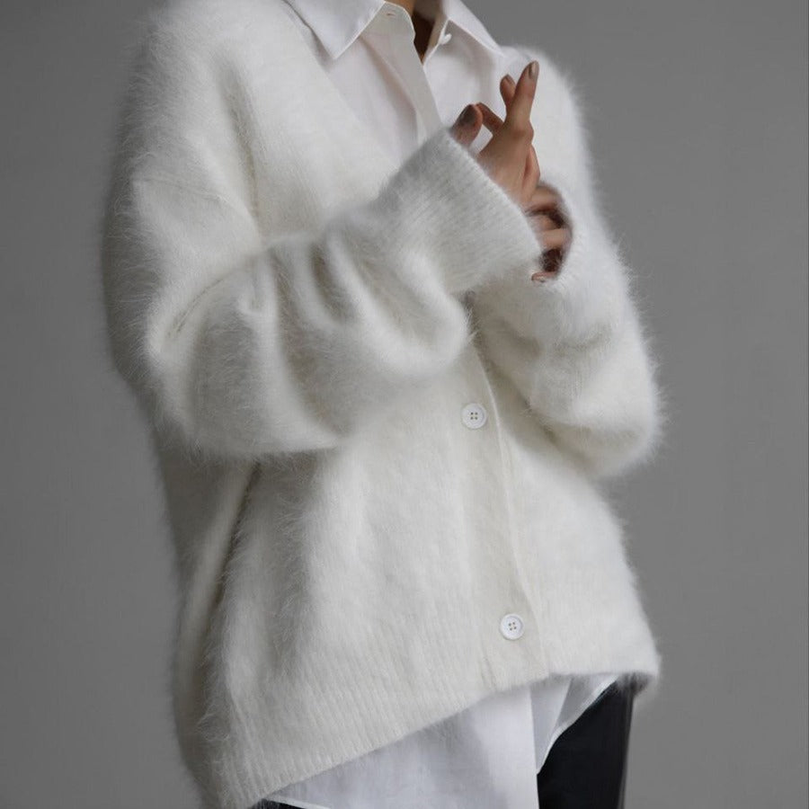 V-neck button fluffy cardigan