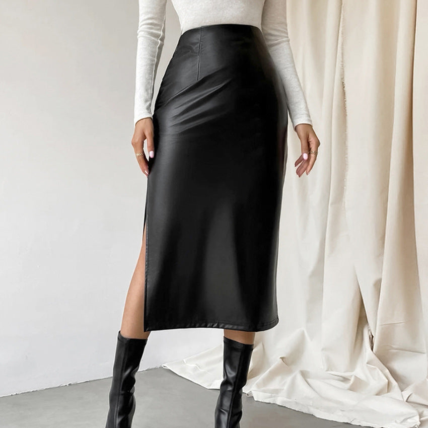 Leather straight skirt