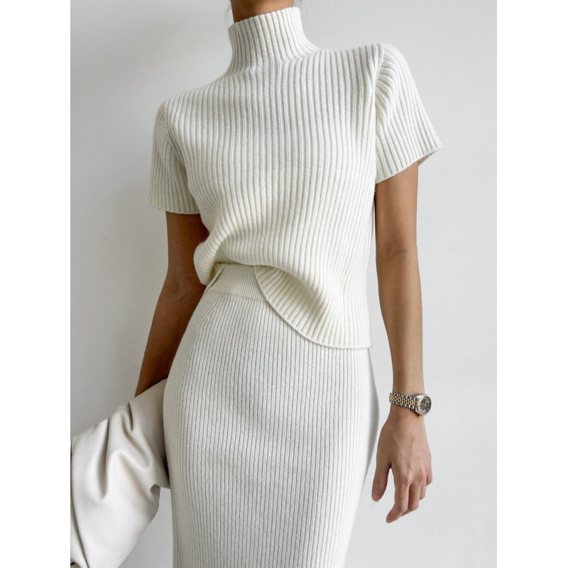 Knitted suit high waist skirt  and short sleeve with neck