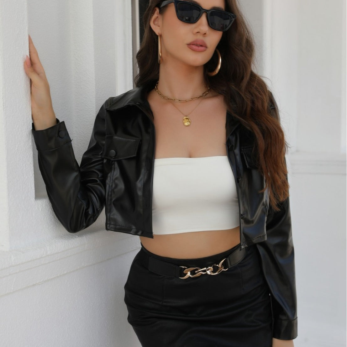 Navel PU leather crop coat