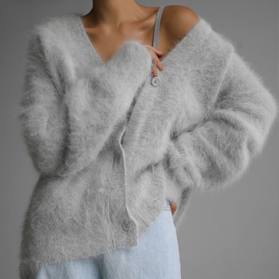 V-neck button fluffy cardigan