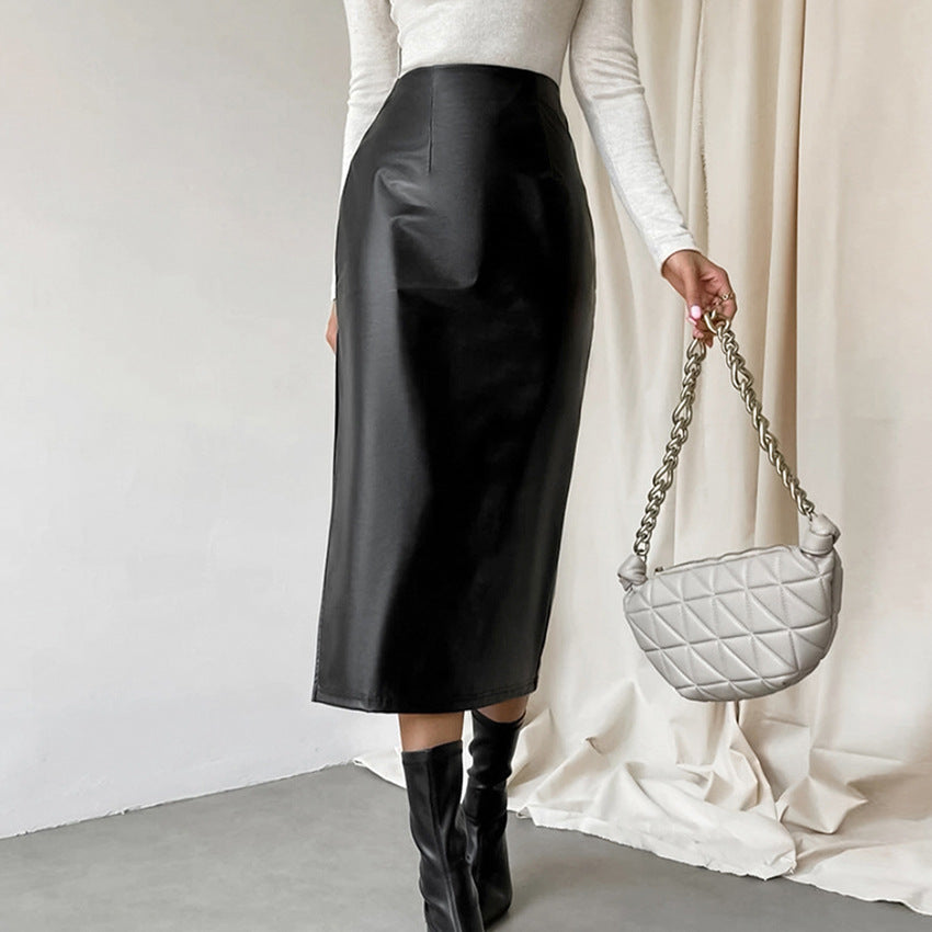 Leather straight skirt