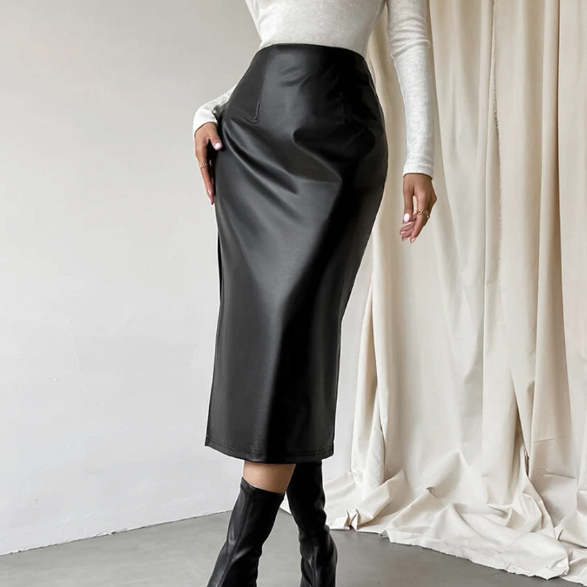 Leather straight skirt