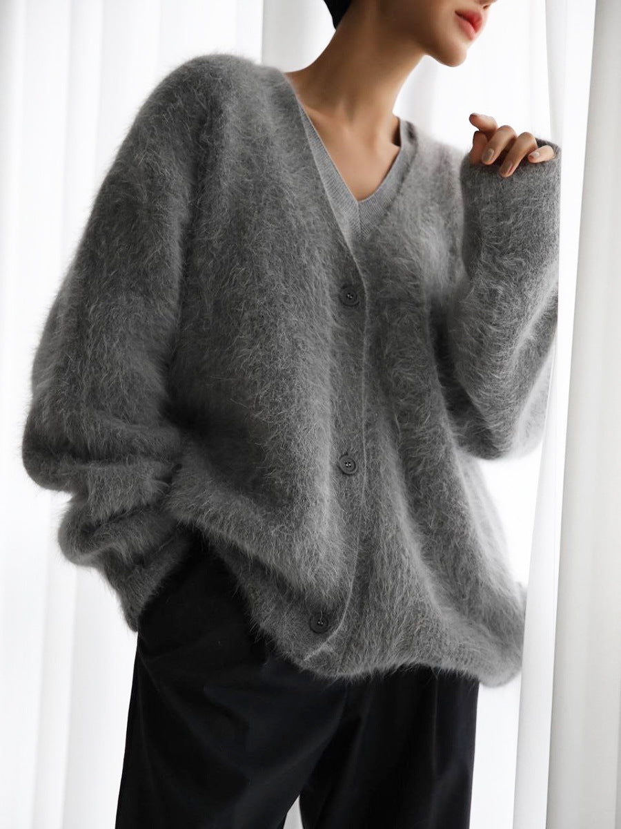 V-neck button fluffy cardigan