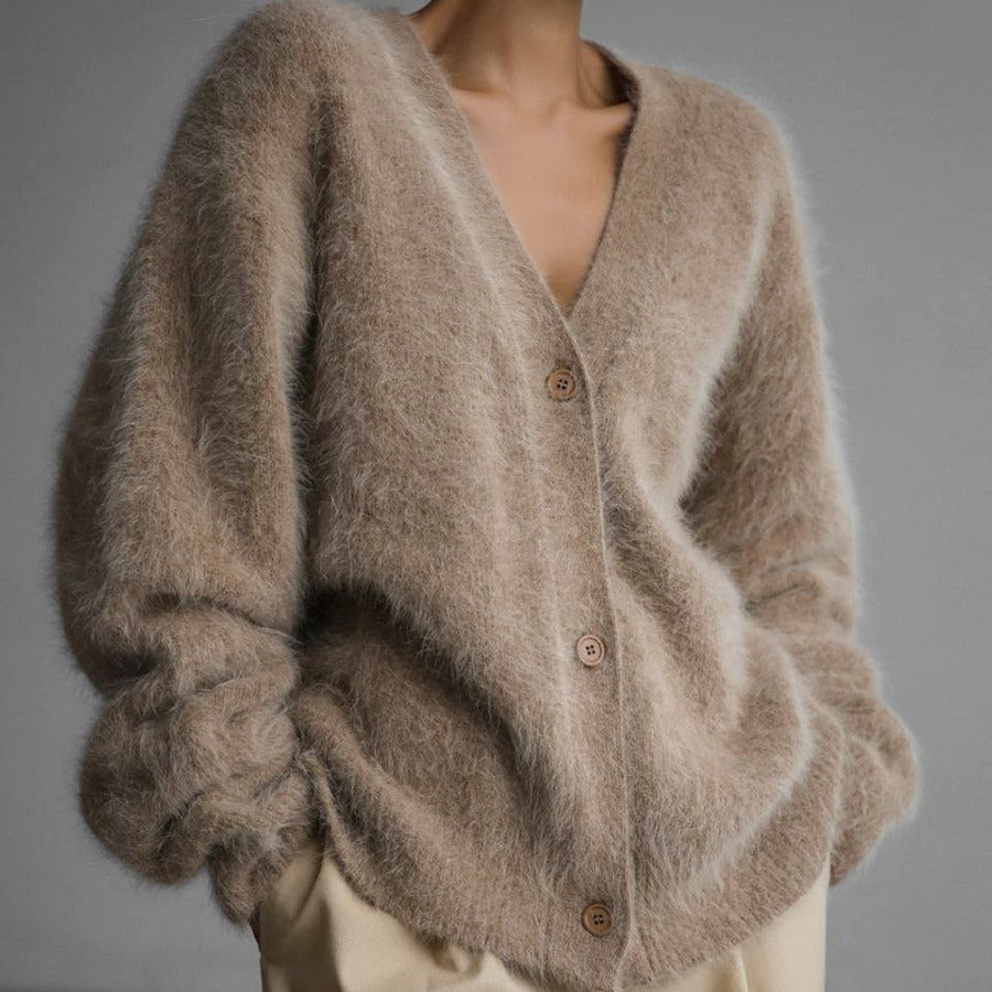 V-neck button fluffy cardigan