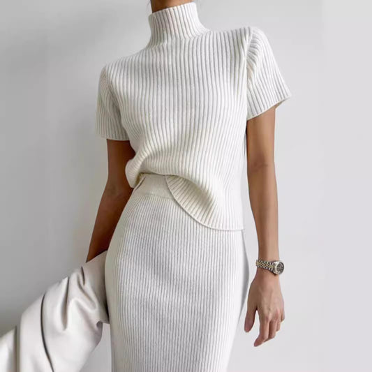 Knitted suit high waist skirt  and short sleeve with neck