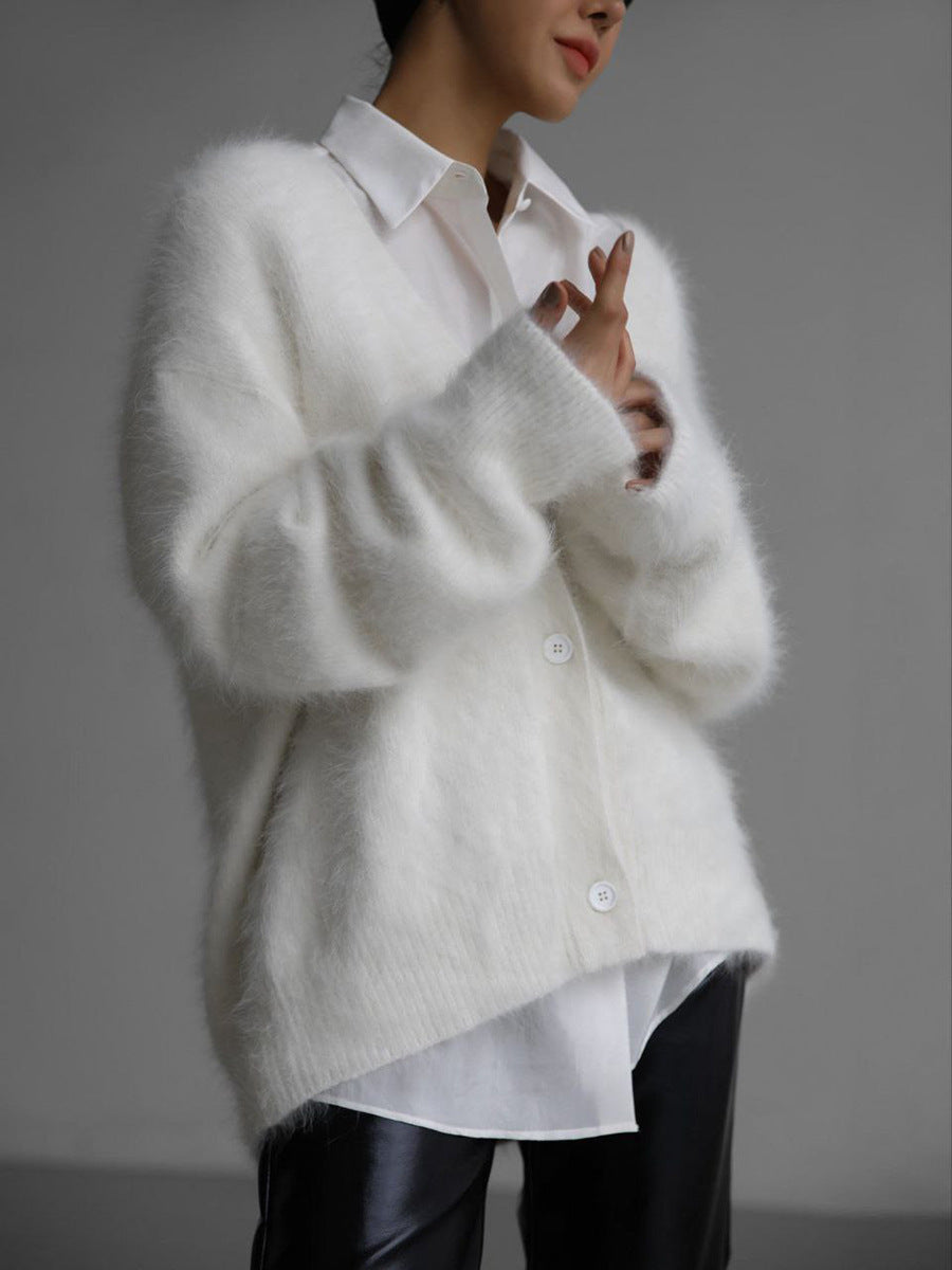 V-neck button fluffy cardigan