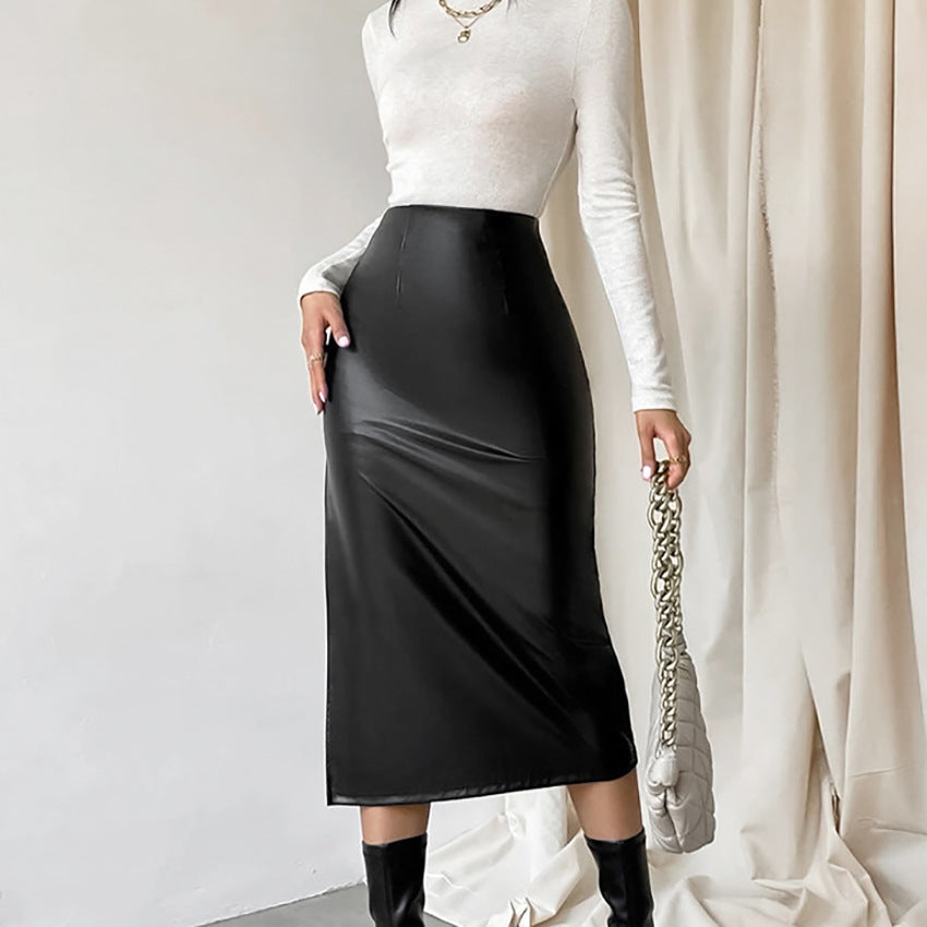 Leather straight skirt